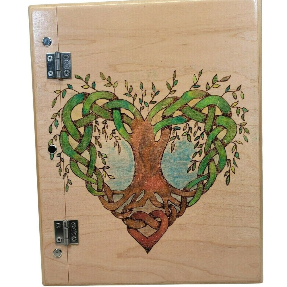 Handmade Tree of Life Celtic Heart Wood Journal Natural Wood Pyrography Art